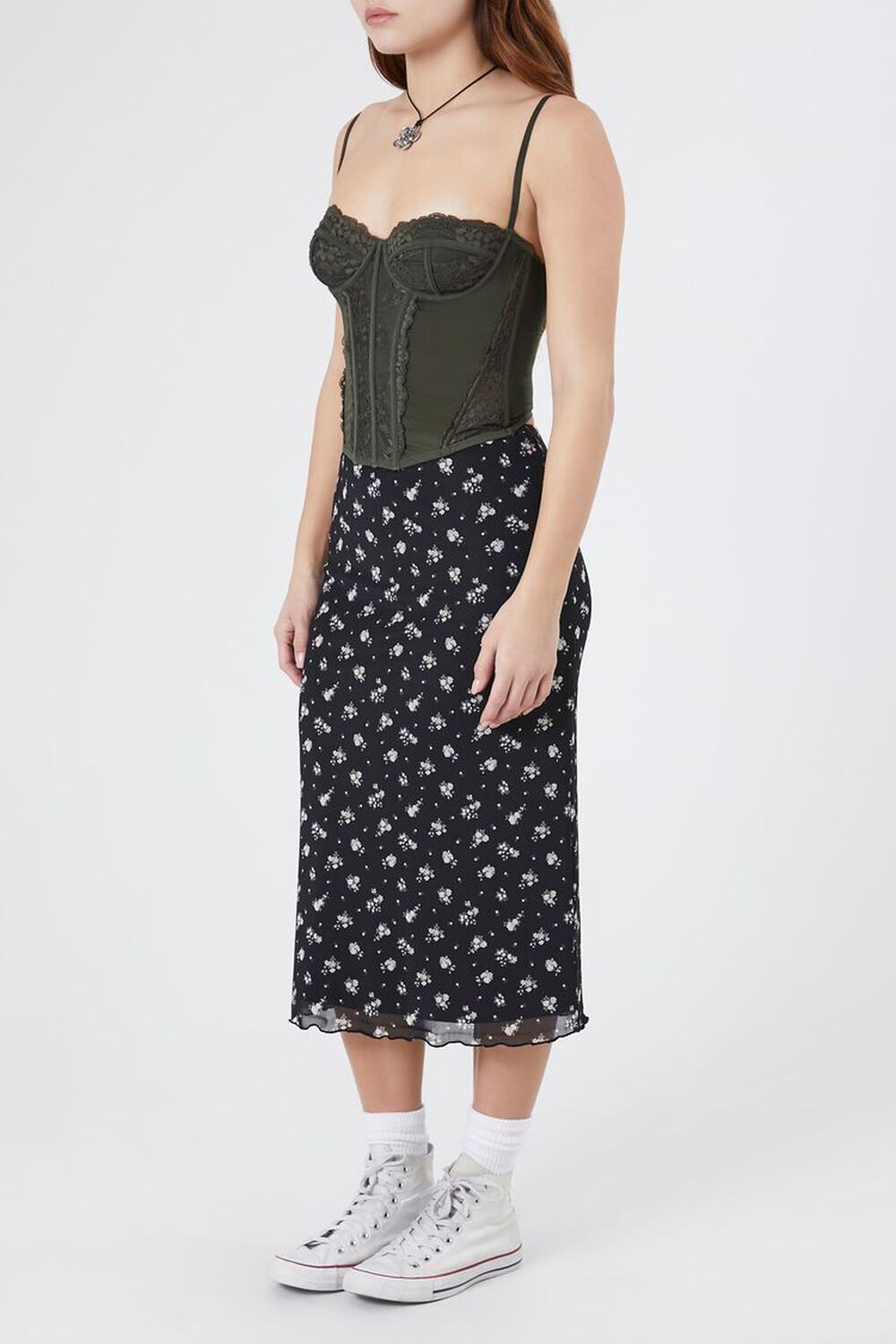 Mesh Floral Straight Midi Skirt